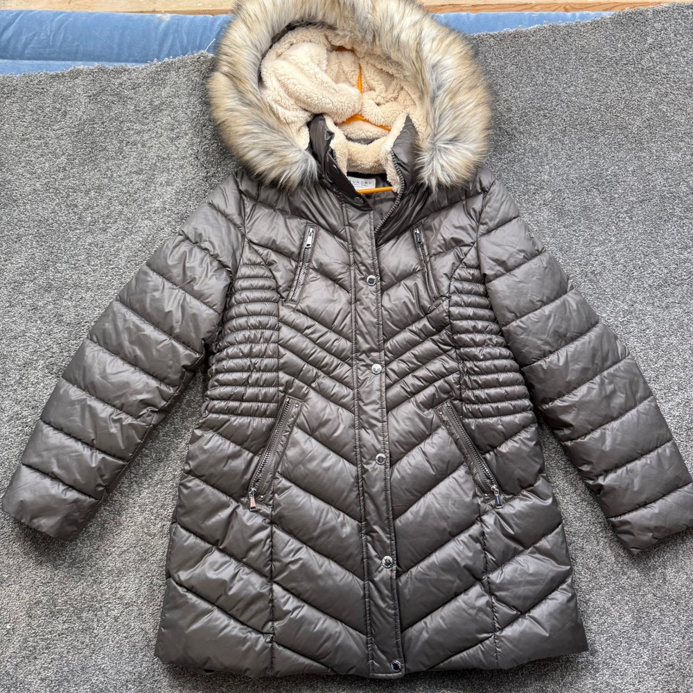 Laundry by Shelli Segal Puffer Coat Brown Faux Fur Hood Chevron Quilted XL